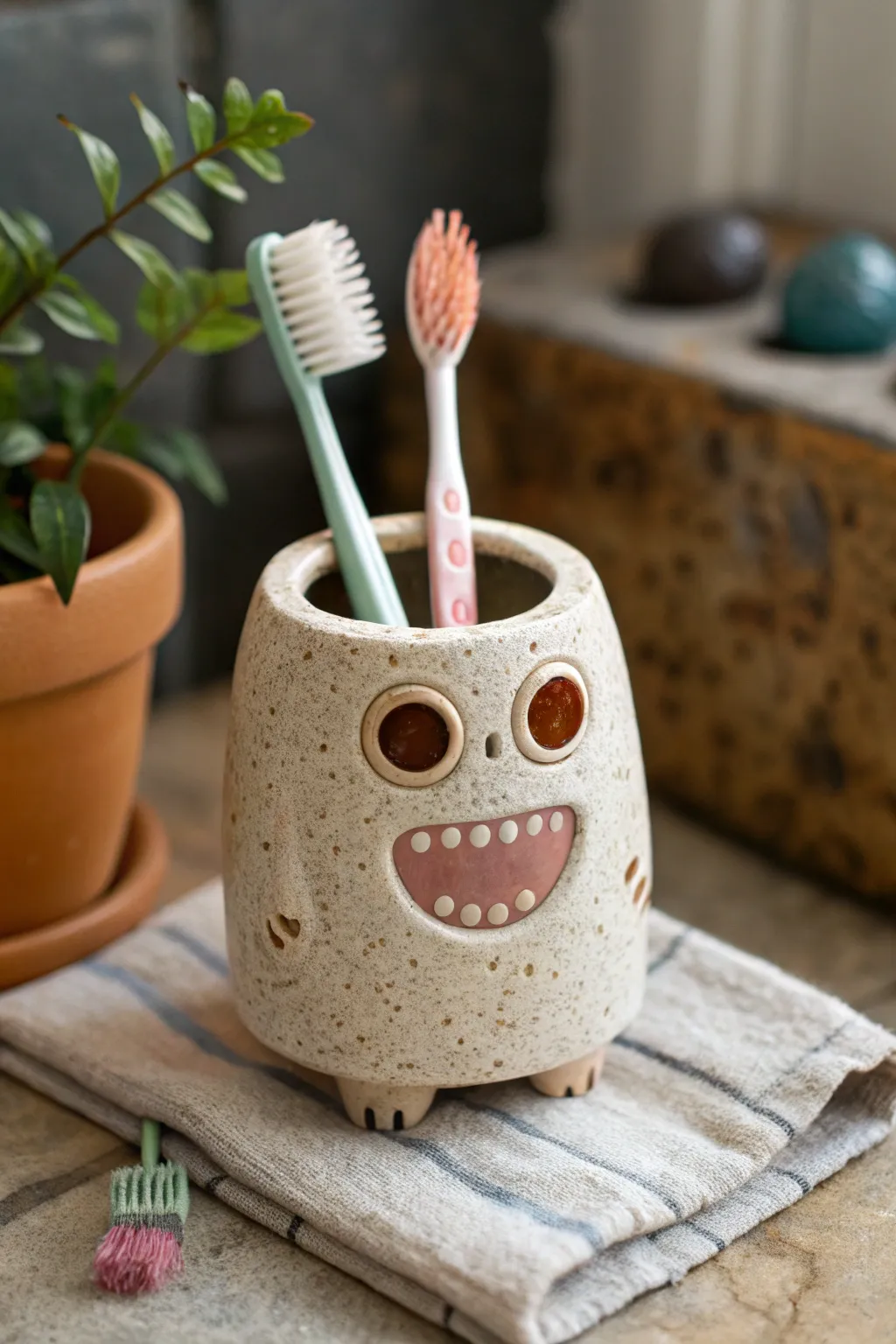 Playful ceramic monster holder with toothbrush hair, minimalist boho style and clean contrast