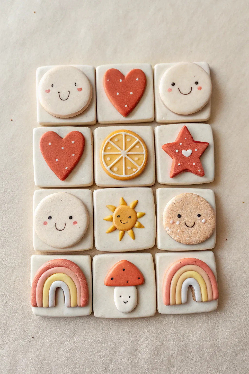 Cheerful mini clay magnets with sweet faces in a clean Scandinavian flat lay, soft boho tones.