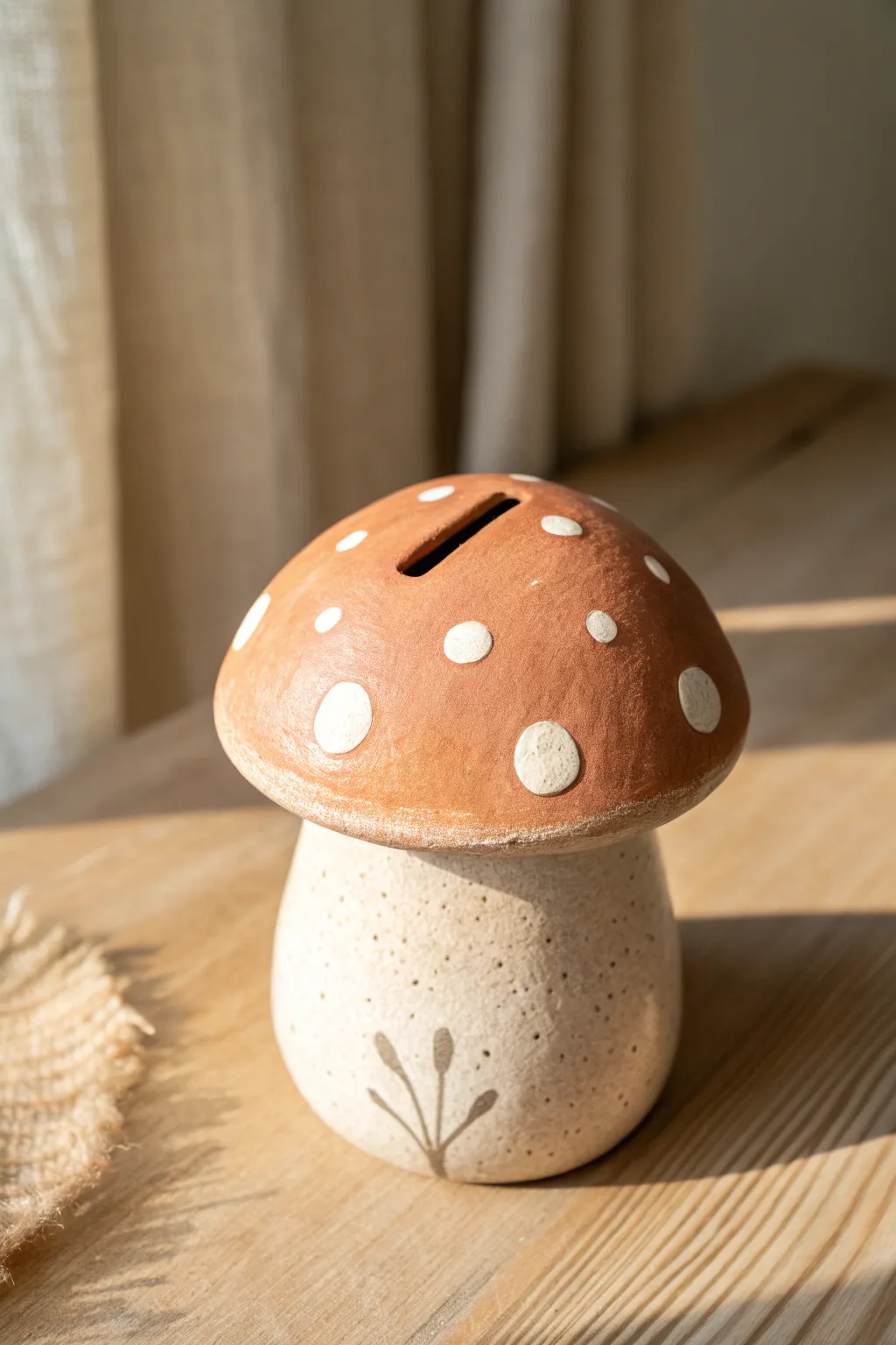 A cozy mushroom coin bank with a cap slot and simple spots, perfect for a charming clay project.