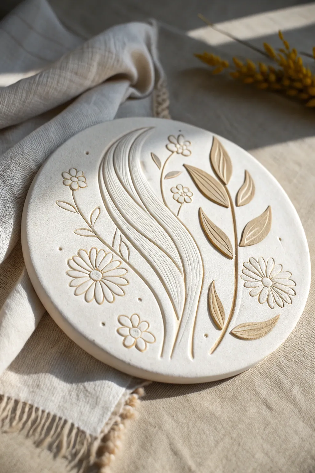 Minimal layered relief clay plaque with flowing hair and leaves, softly lit for depth and contrast.