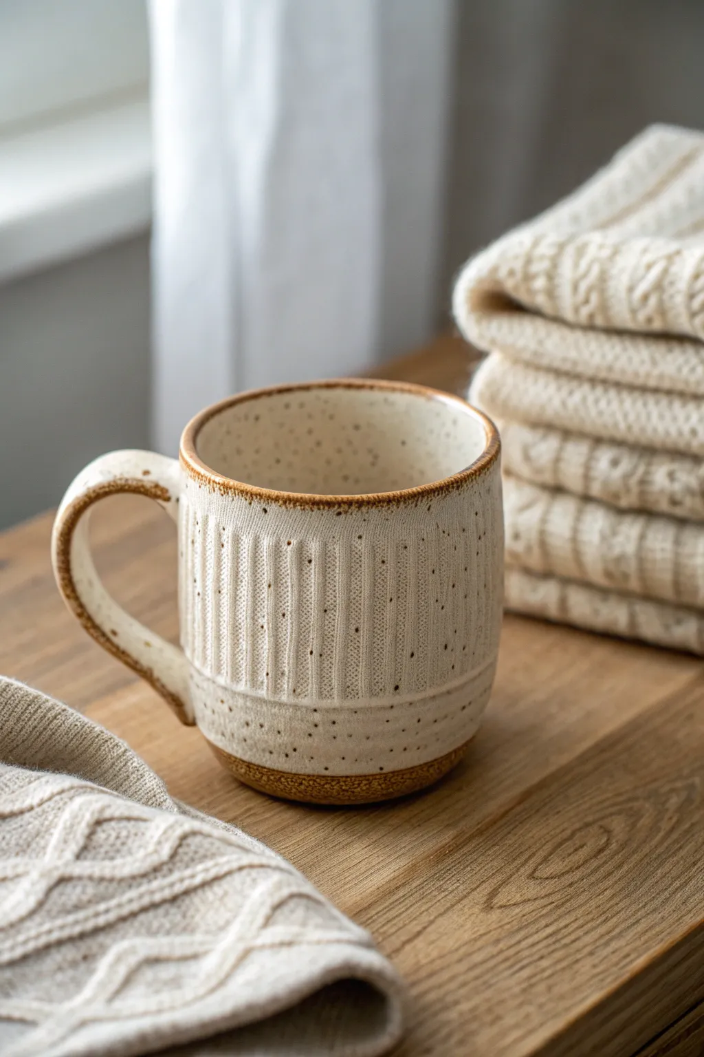 Cozy sweater-knit texture mug in soft neutrals, minimalist styling, warm light and crafted charm.