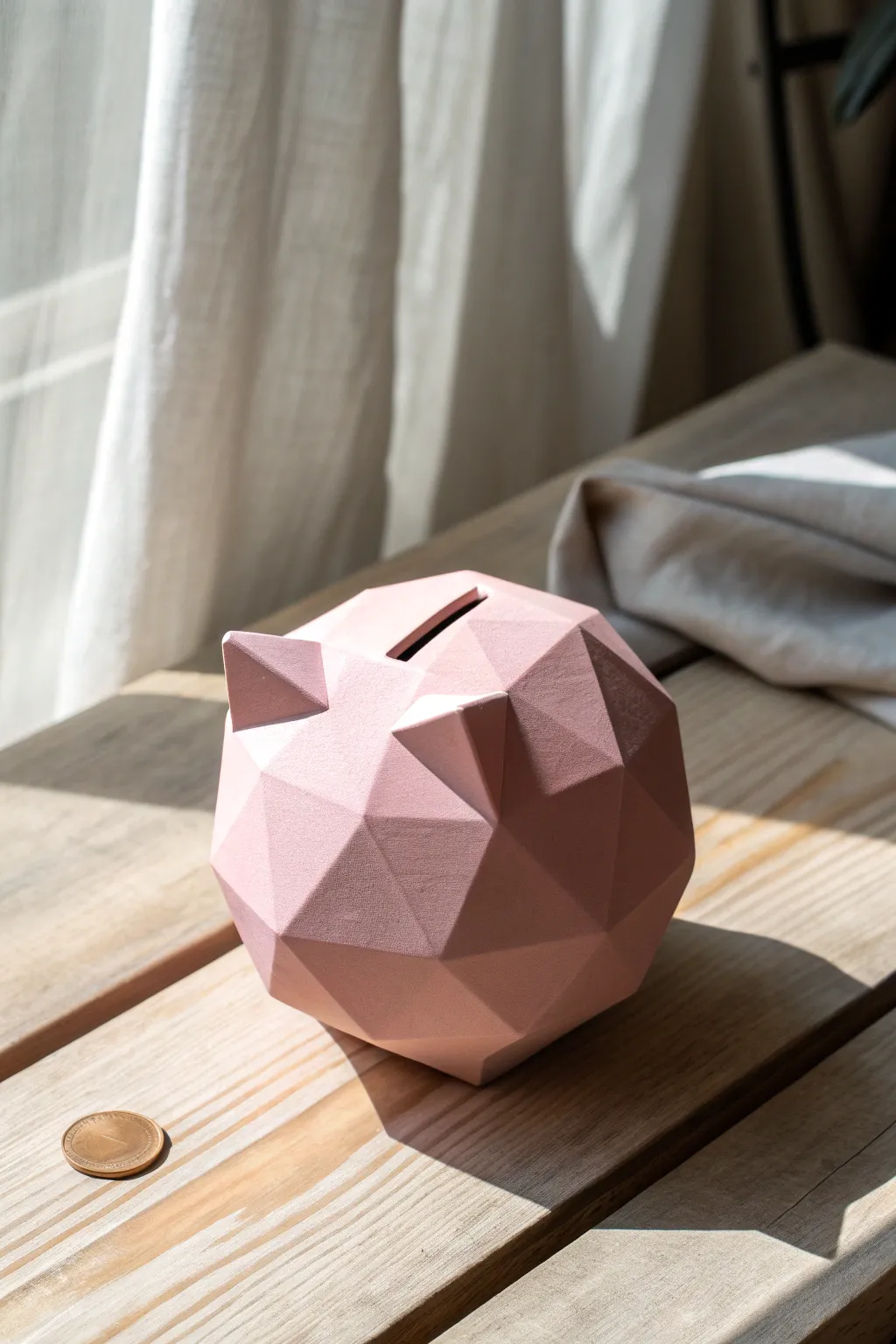 Minimalist faceted clay piggy bank in dusty rose, a modern handmade twist for your shelf.