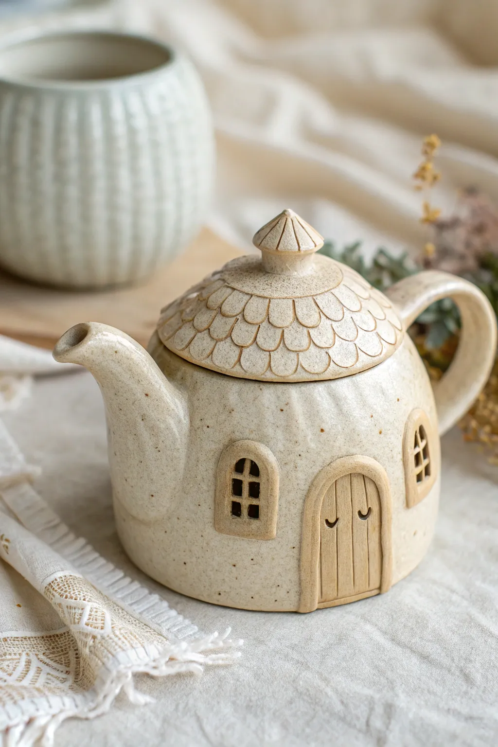 Whimsical cottage teapot with tiny door and windows, minimalist and softly rustic.