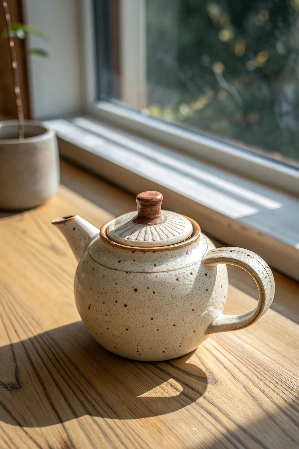 Stitched teapot with a hidden toothy mouth, sweetly spooky for cozy minimalist decor.