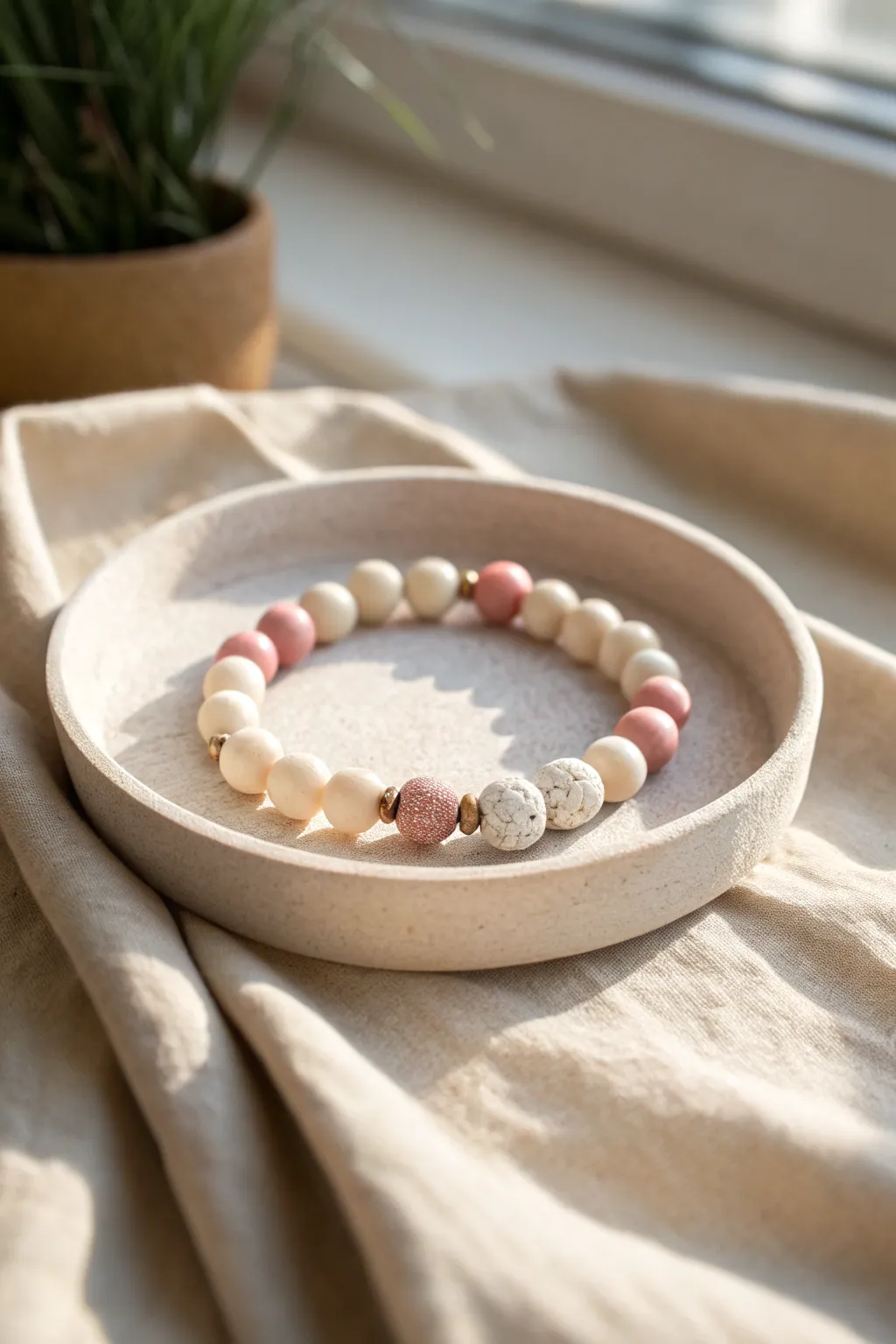 Cream and blush clay bead bracelet with tiny heart sprinkles for a sweet minimalist look