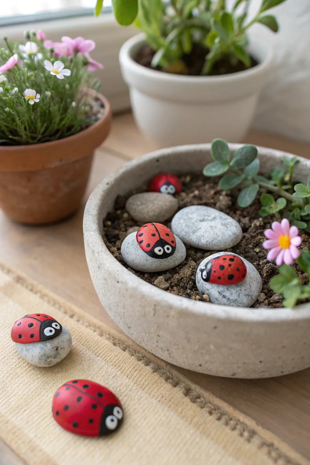 Pocket-size fairy garden pebbles with a sweet ladybug focal piece in soft, minimalist styling.