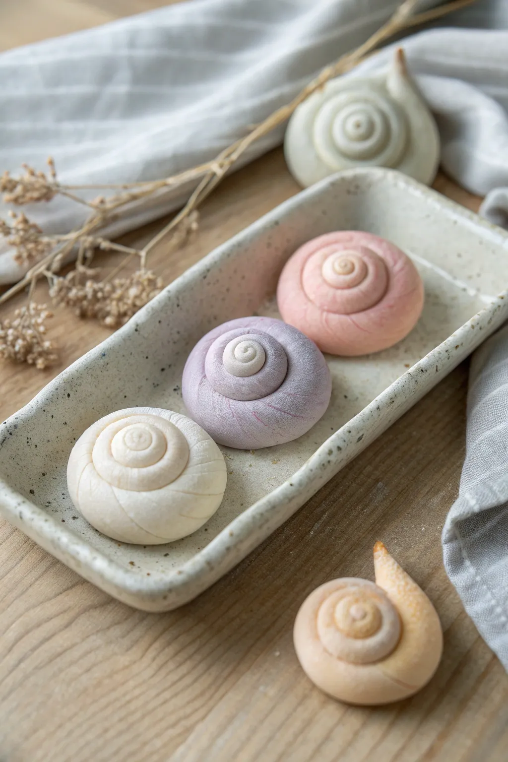Three pastel air-dry clay snails with swirly shells, perfect for a cute minimalist decor moment.