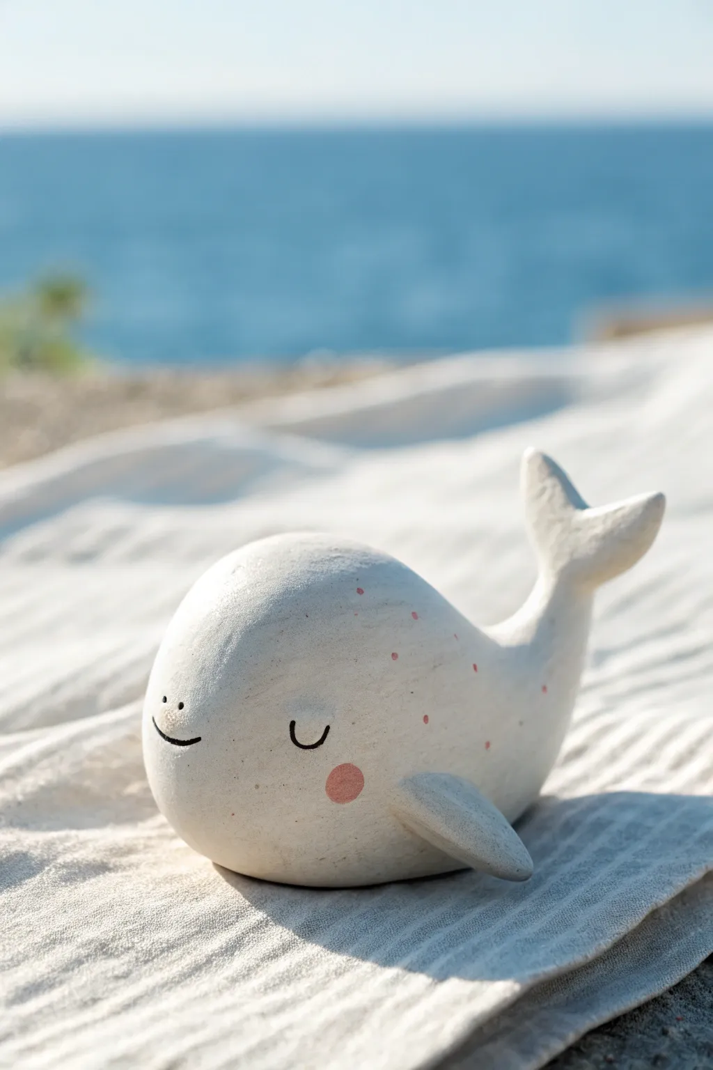 Beginner-friendly tiny clay whale with blush cheeks, simple shapes, ocean-soft minimal vibe.