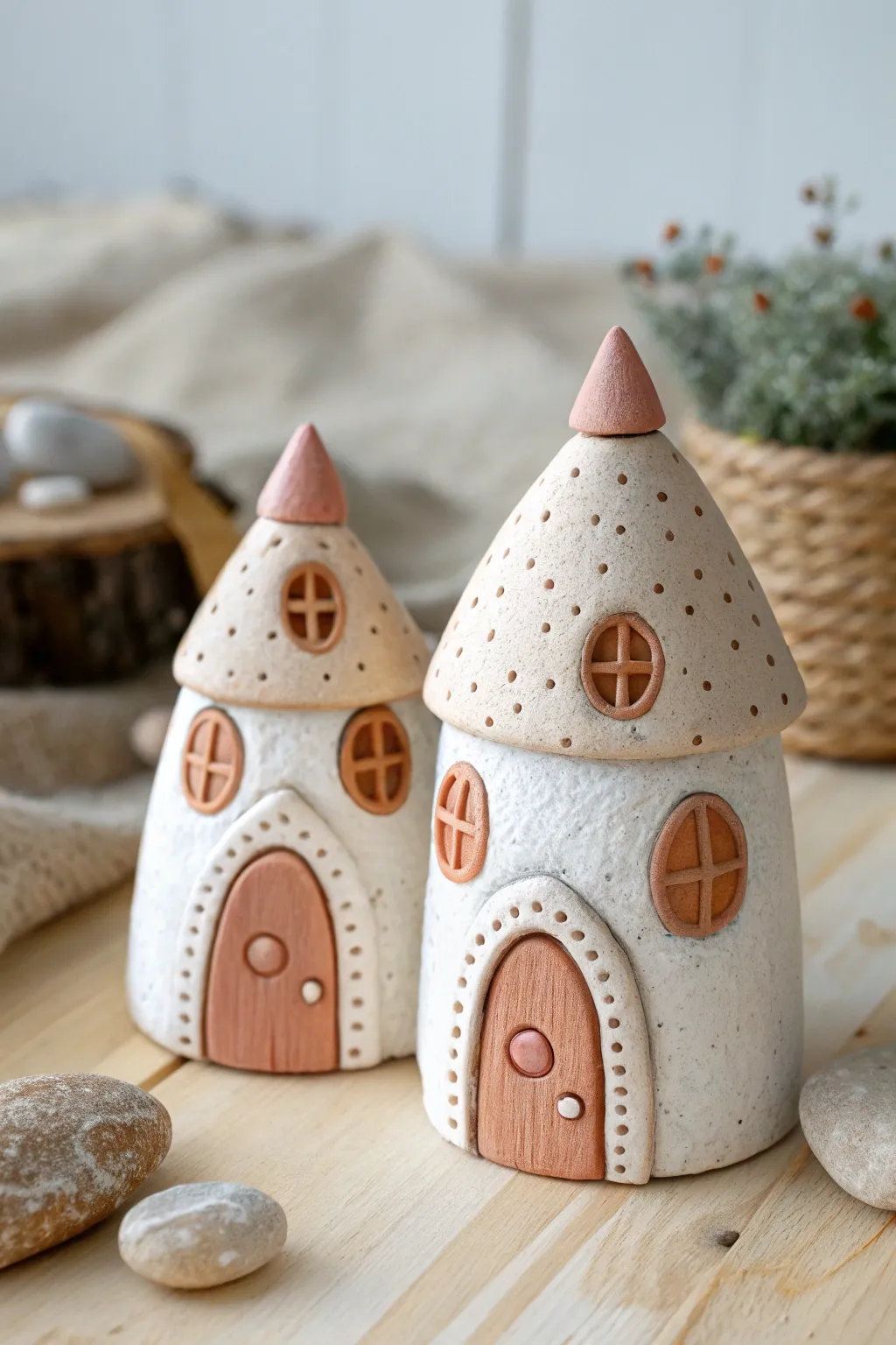 Whimsical air dry clay fairy houses for kids, simple textures and a cozy Scandinavian vibe