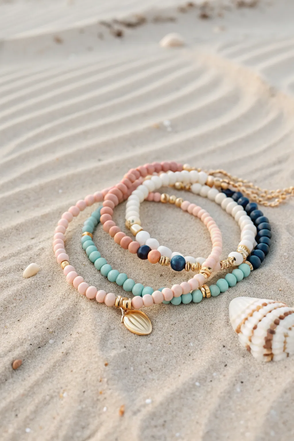 Beach bracelet stack set: ocean stripes, sunset ombre, and a neutral cowrie centerpiece.