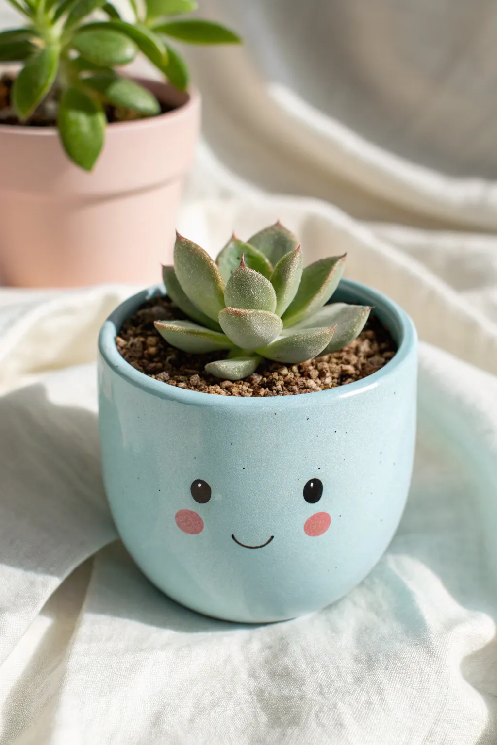 Adorable blue teacup mini planter with a sweet face and tiny sprout, perfect for cute clay décor.