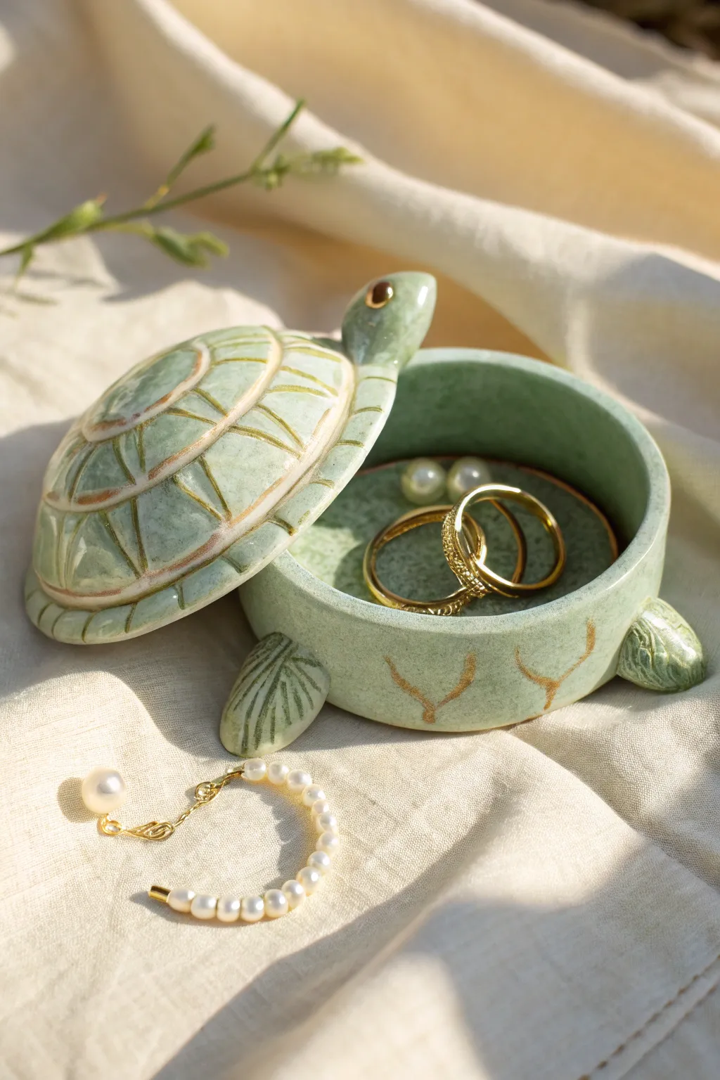 Sweet sage-and-cream turtle trinket box with a peek of tiny jewelry inside, minimal and cozy.
