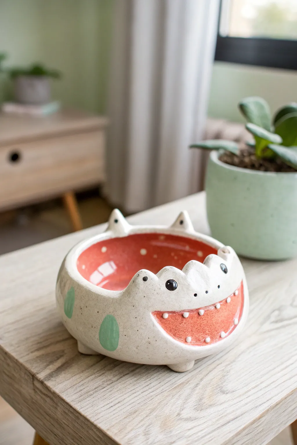 Playful big mouth monster ashtray with bright glaze and toothy rim, minimal boho styling.