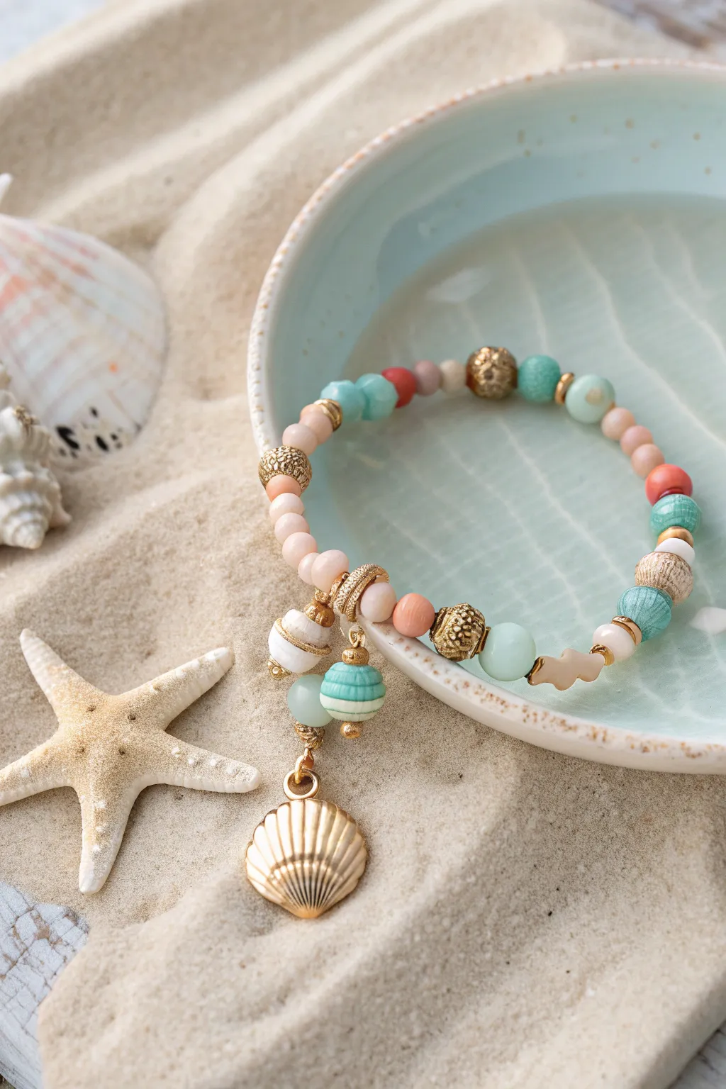 Ocean-tone heishi beads with tiny shell and star charms, styled like a calm tide pool