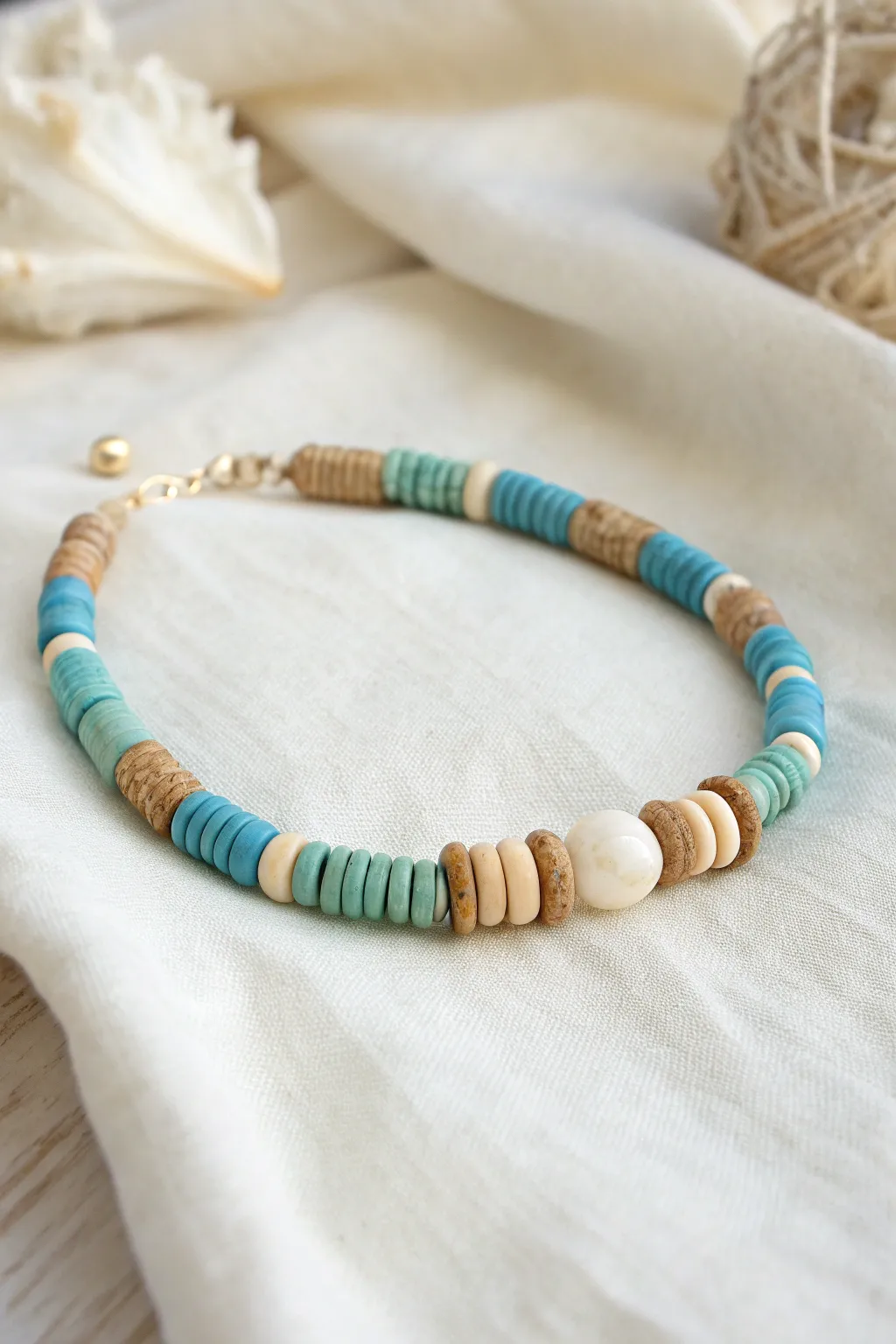 Beachy blue-and-sand clay heishi bracelet with a simple center bead, airy minimalist styling.