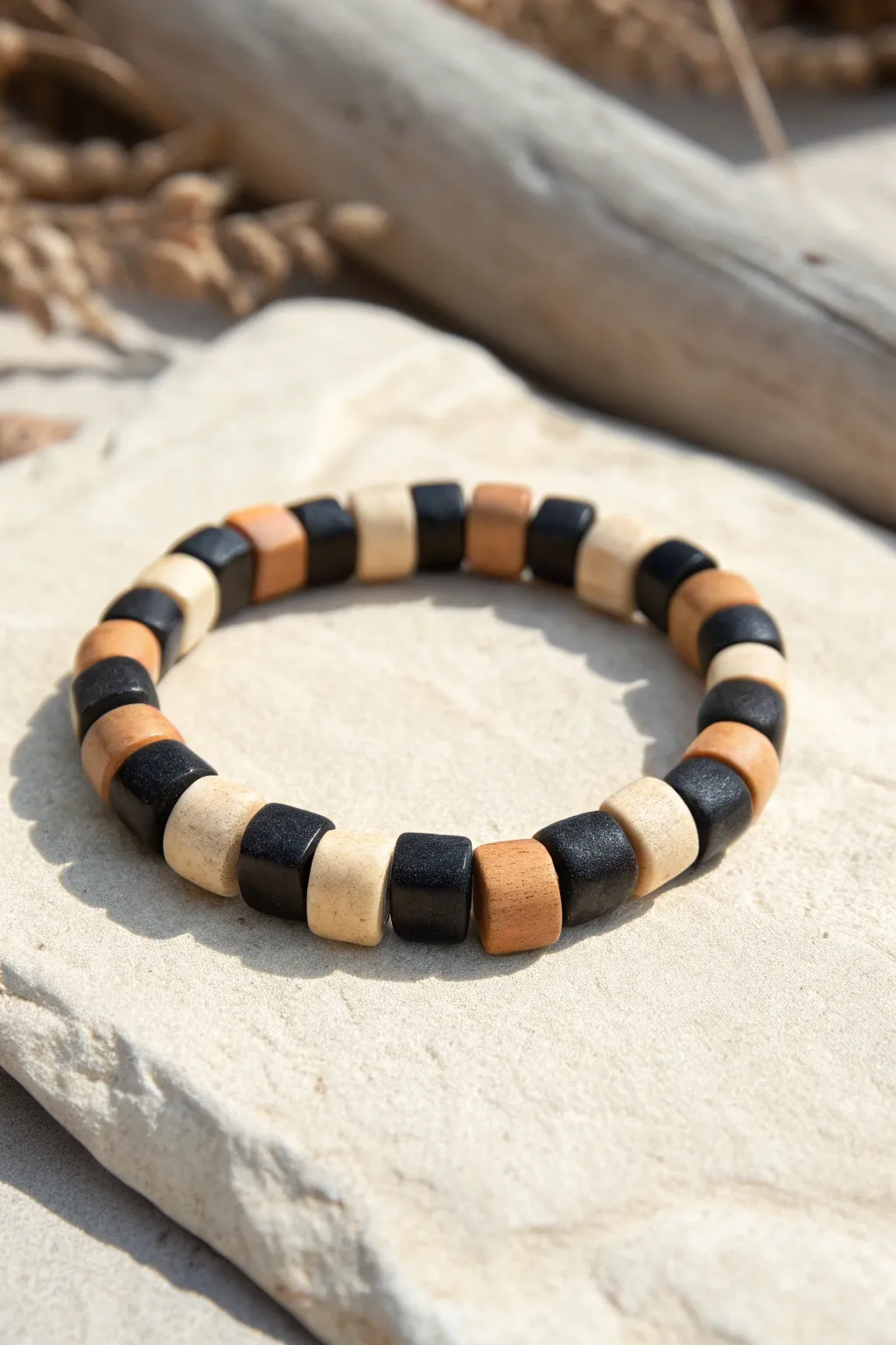 Cute checkerboard clay bead bracelet in black and cream with clean minimalist Pinterest style