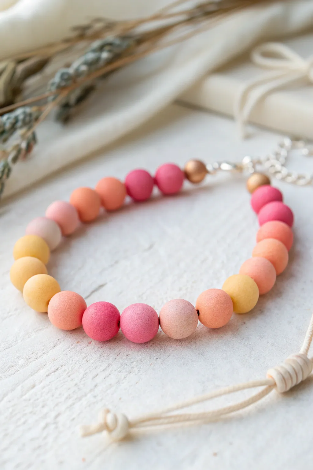 Sunset ombré clay bead bracelet in hot pink to peach to pale yellow, minimal and handmade.