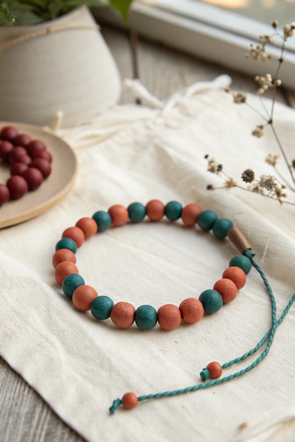 Bold checkerboard clay bead bracelet flat lay with a simple solid companion for contrast.