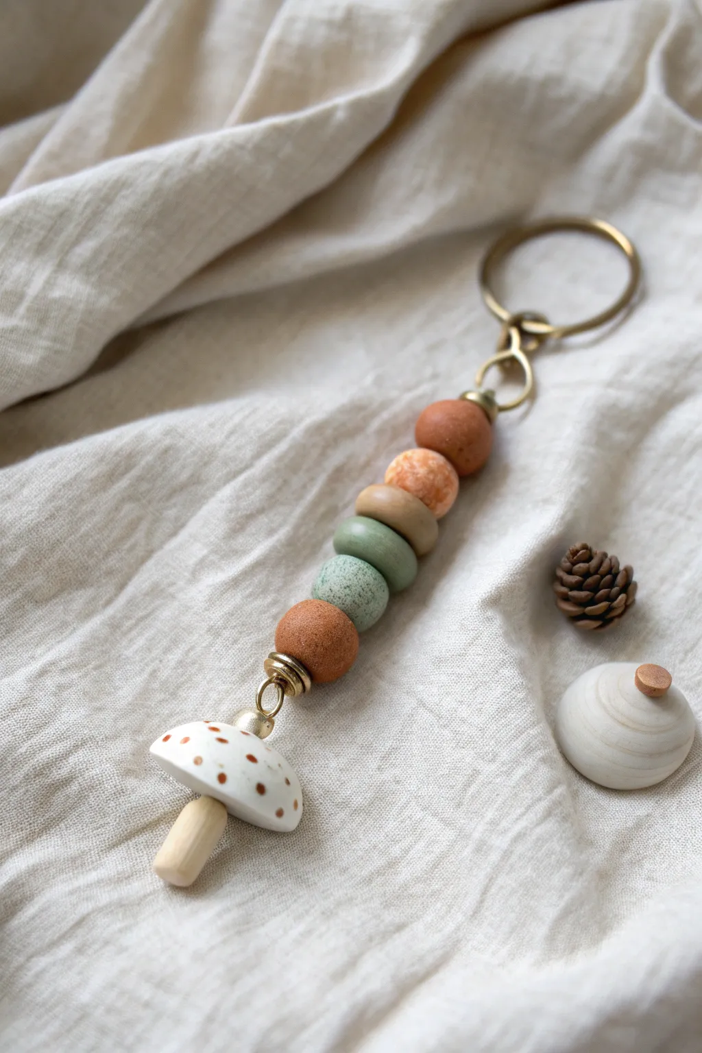 Earthy pastel clay bead keychain with a tiny mushroom charm for sweet cottagecore vibes