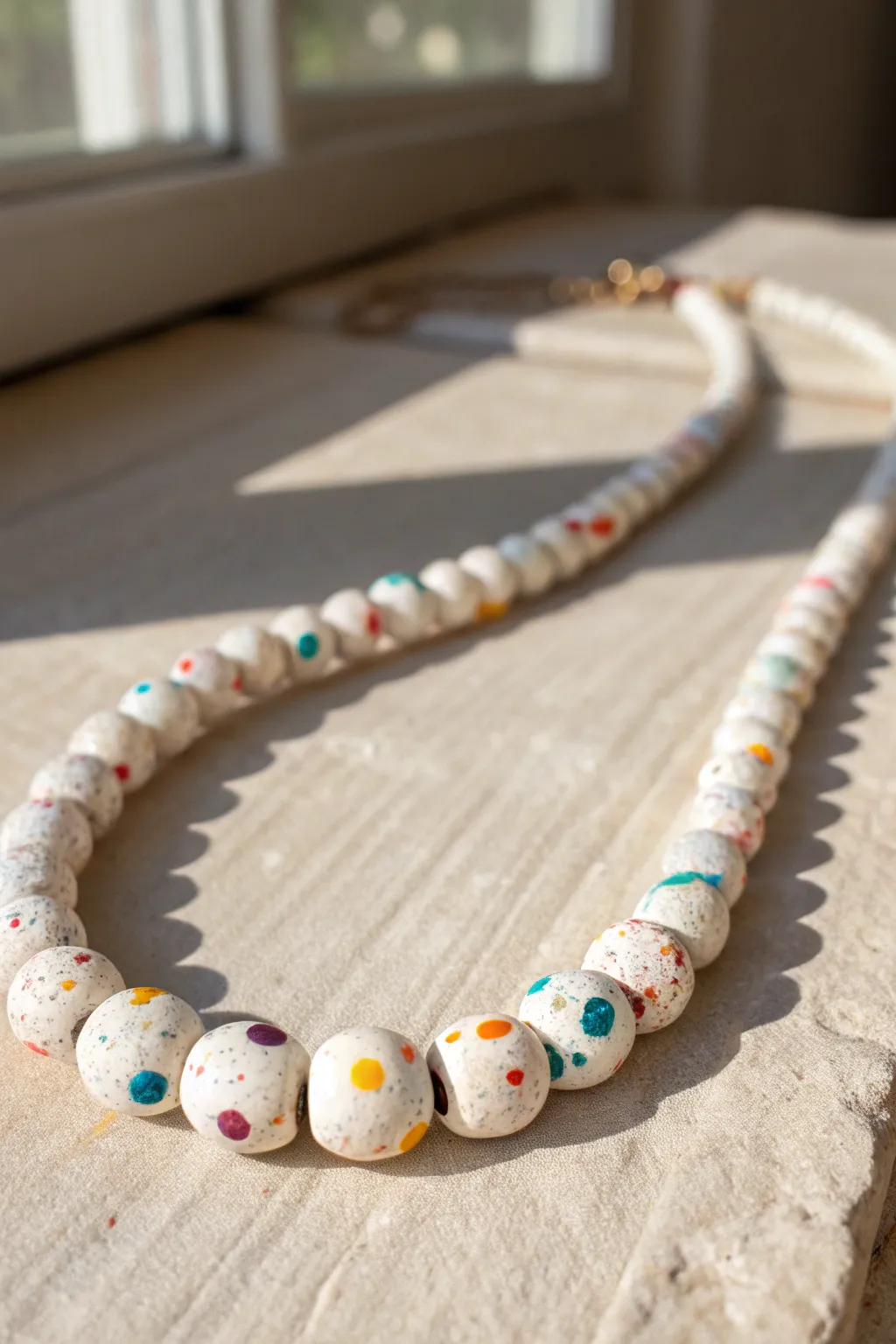 Confetti sprinkle heishi necklace in creamy white with bright pops of color for a cute handmade look.