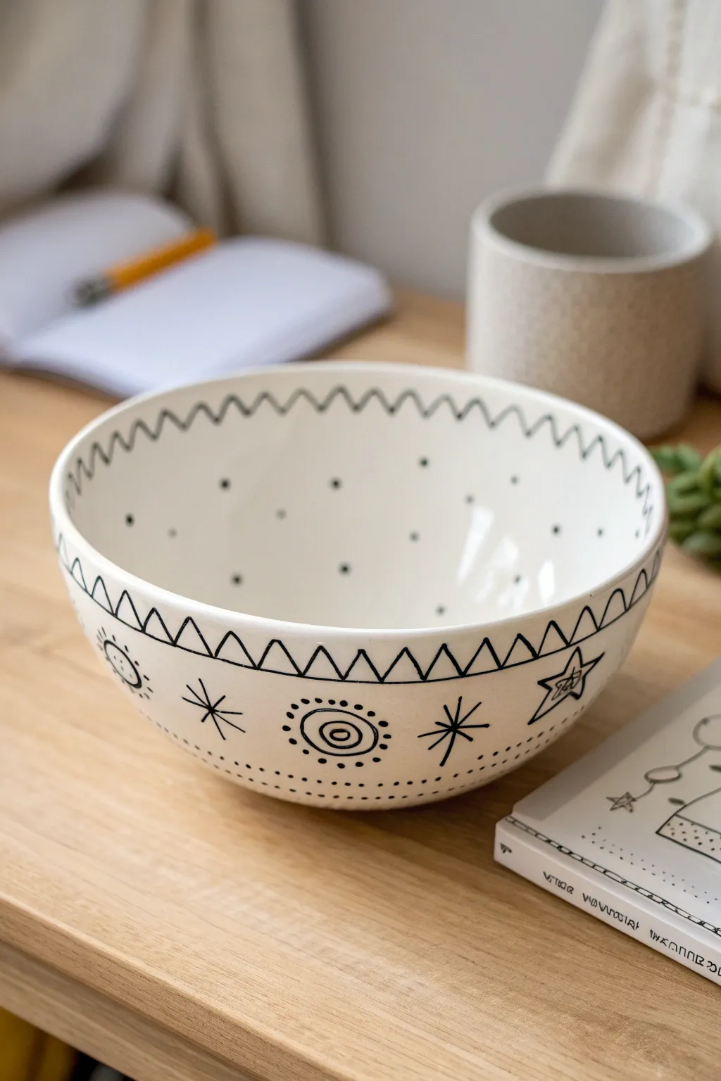Minimal white clay bowl with black doodle lines, styled as a chic desk catchall.