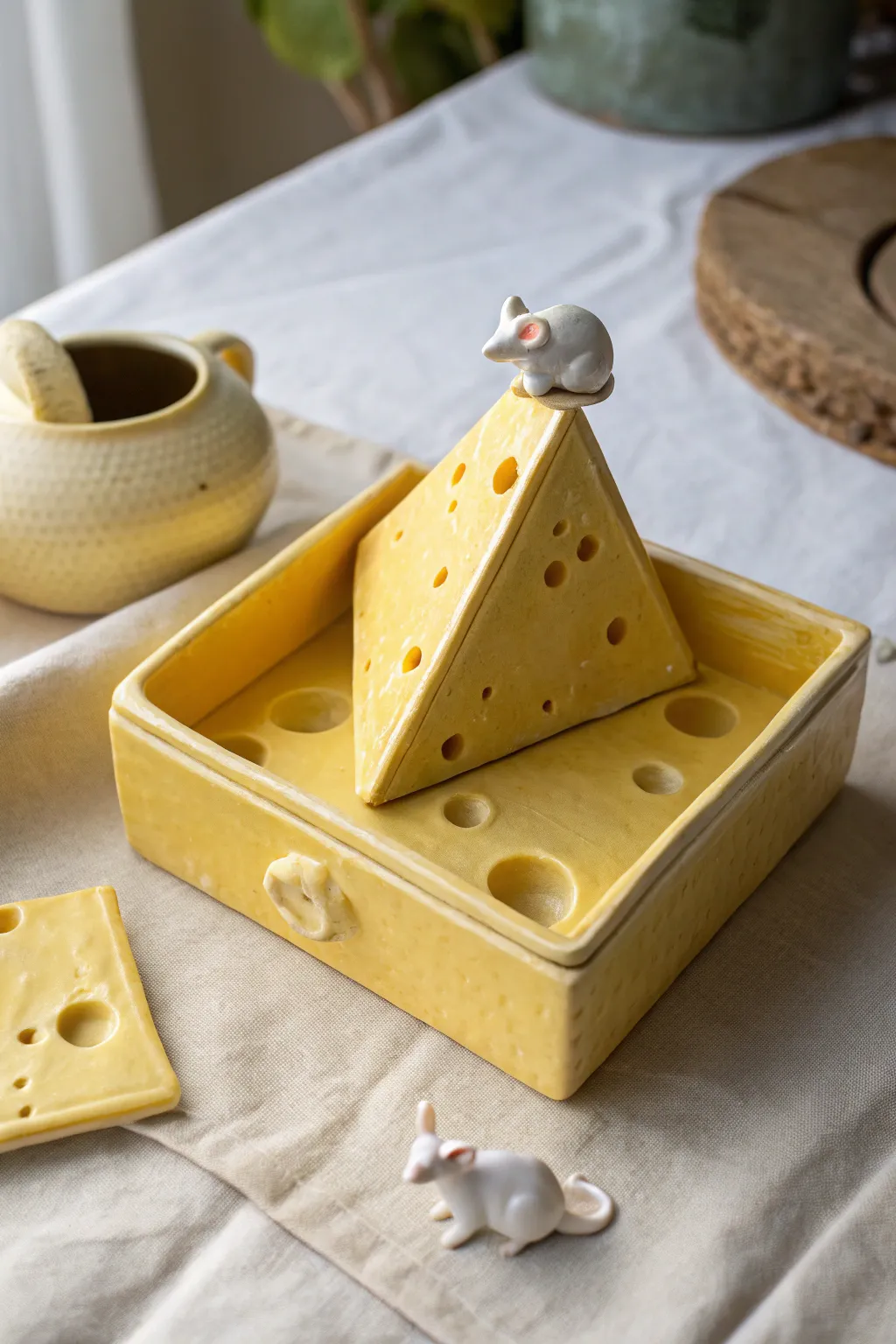 Buttery yellow cheese wedge box with tiny hole texture, a sweet clay stash for trinkets.