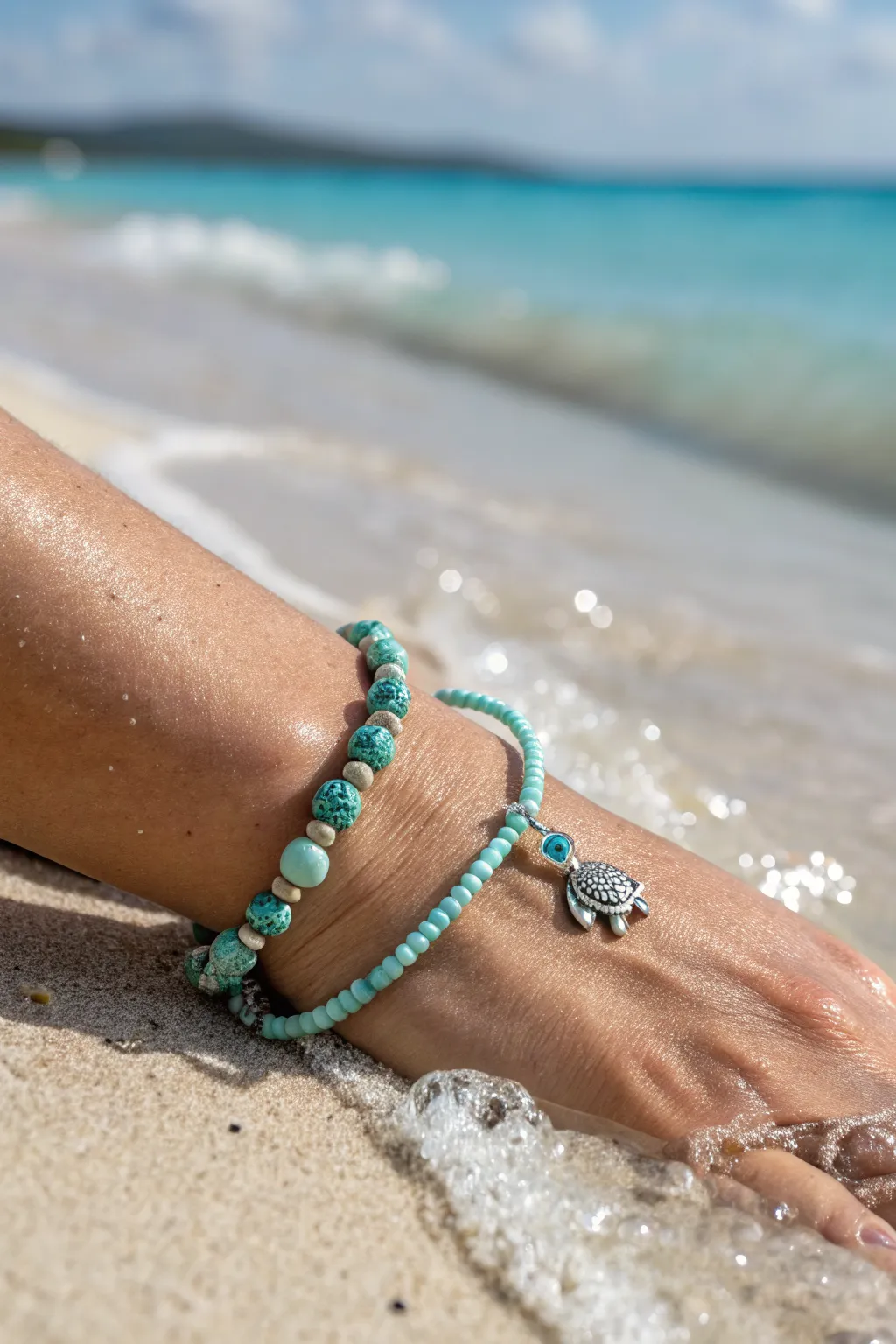 Ocean-hued heishi bracelet with a tiny sea turtle accent, perfect for an easy summer look.