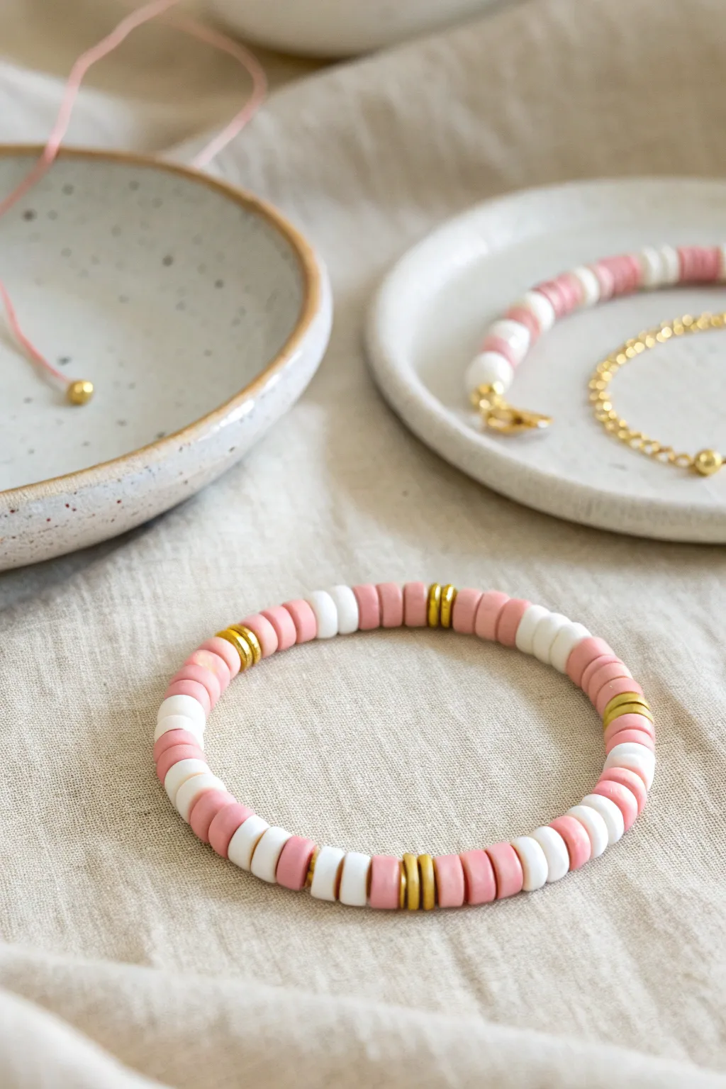 Candy stripe heishi clay bracelet in soft pink and white, perfect for simple stacked styling.