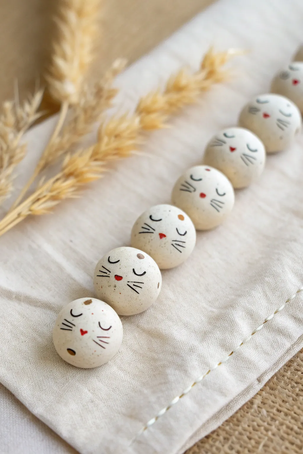Tiny clay cat face beads in minimalist style, perfect for cute handmade jewelry accents