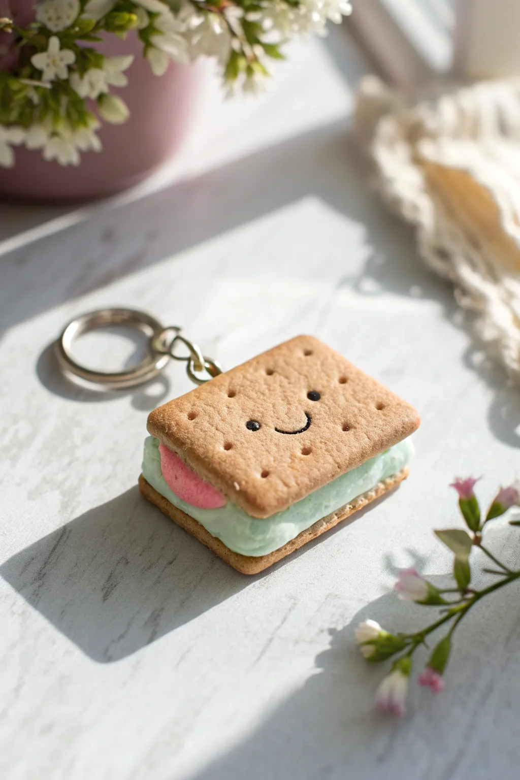 Sweet pastel ice cream sandwich clay charm with tiny bite marks, minimalist white backdrop.