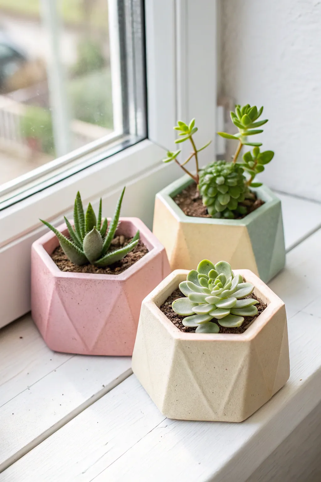 Honeycomb hex planter set in pastel hues, a sweet minimal accent for tiny succulents.