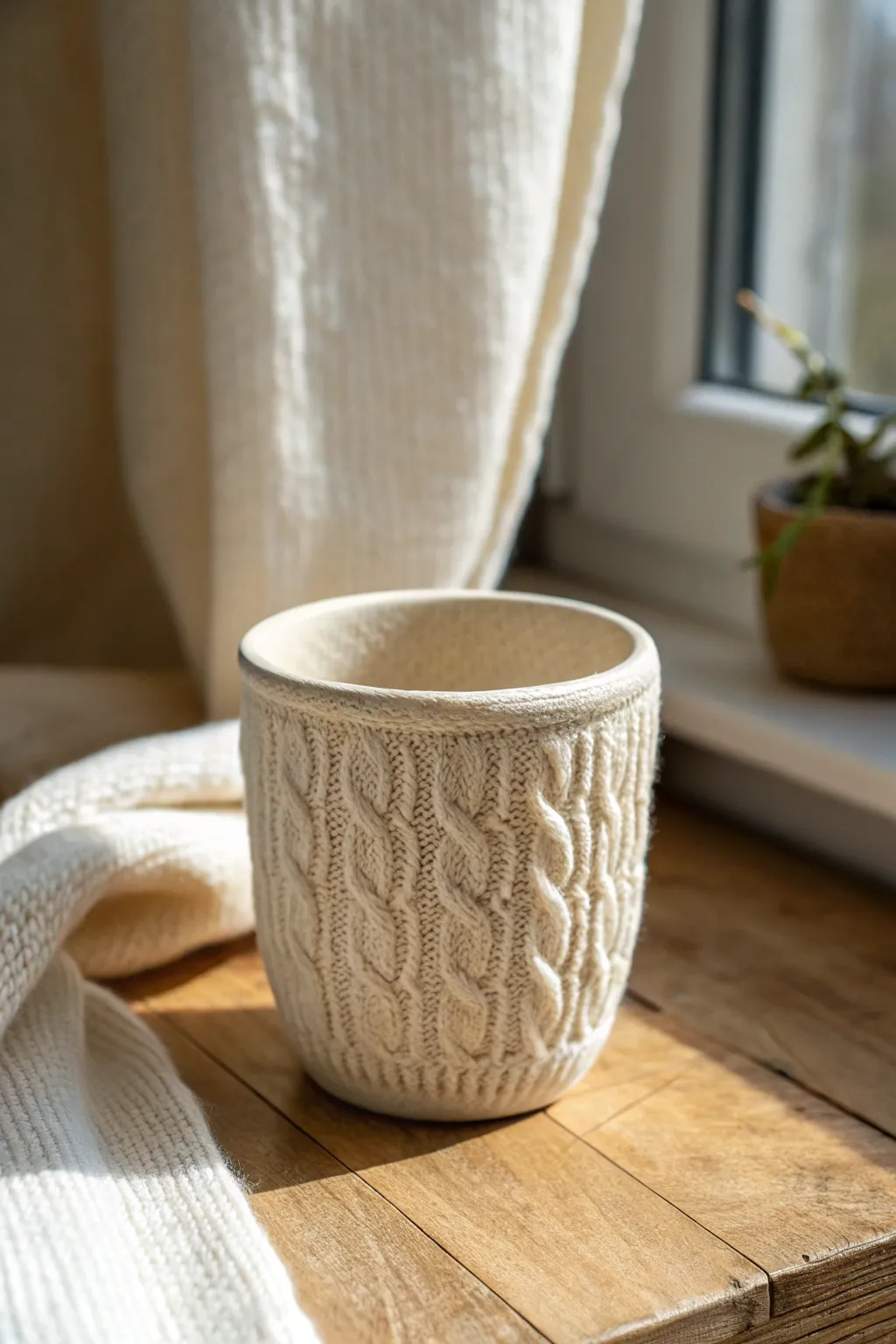 Cozy sweater-textured clay cup in warm neutrals—simple, handmade charm for slow mornings.