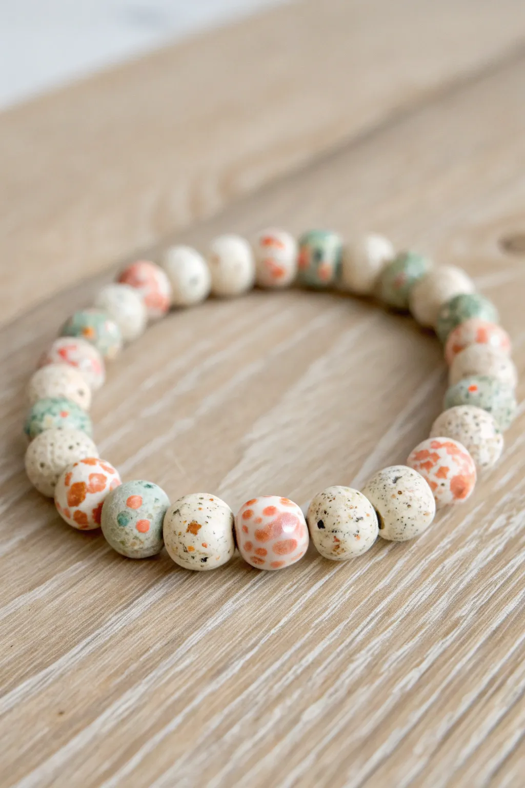Terrazzo clay disc bead bracelet in soft neutrals with playful pastel flecks and clean minimal style