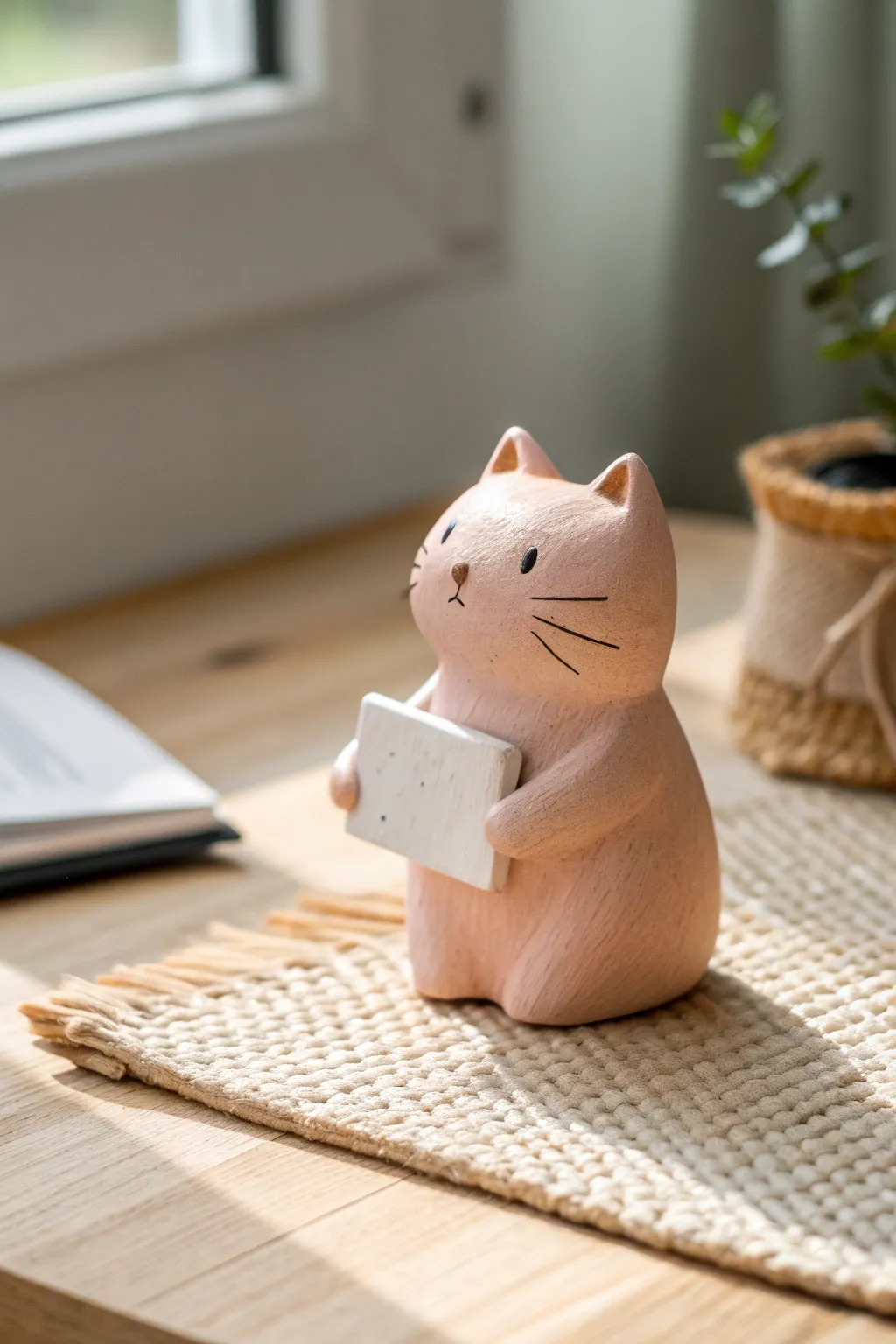 Adorable clay cat desk buddy holding a blank card, minimalist and cozy for any workspace