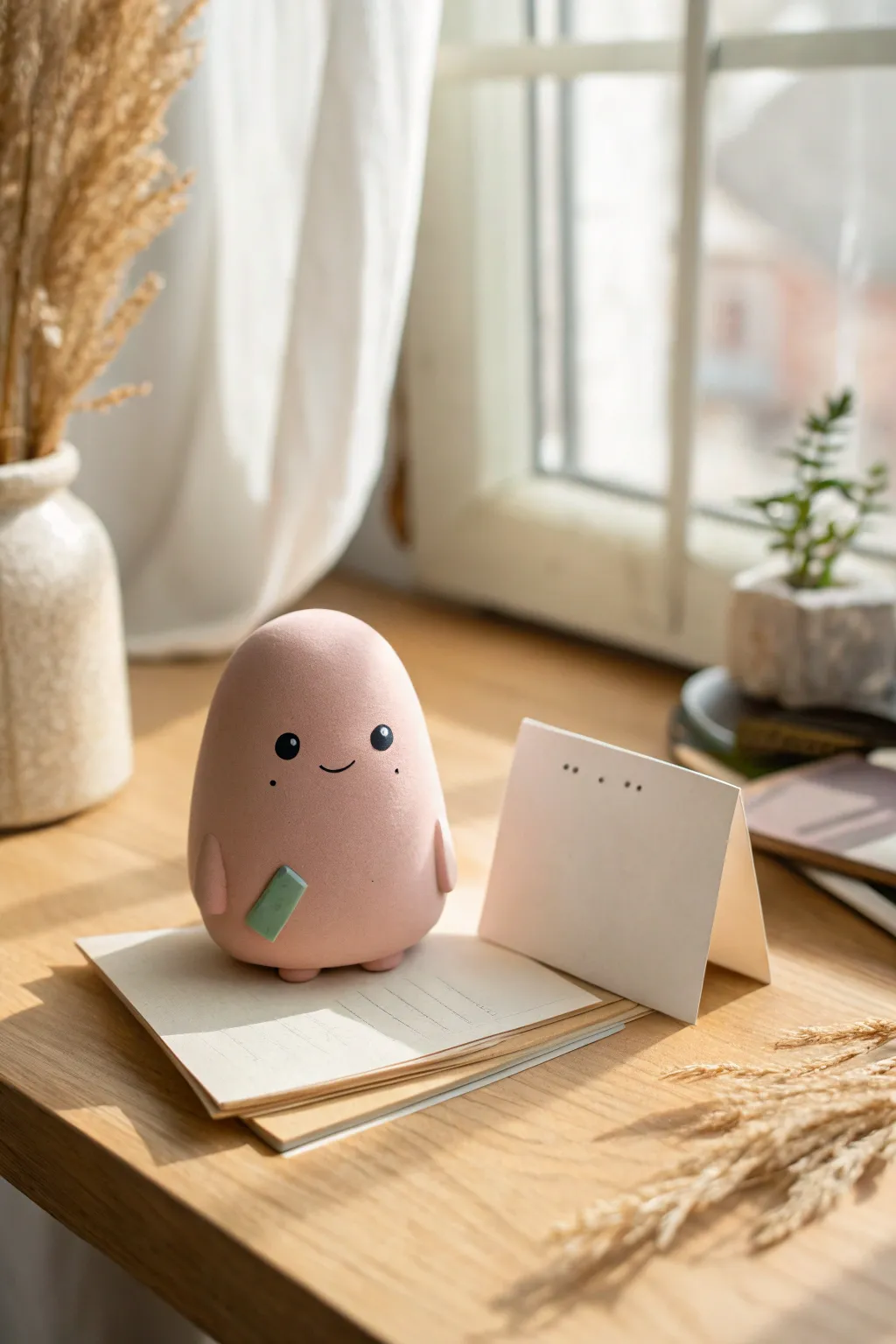 Cute pastel clay blob photo holder for minimal Scandi desk decor, easy DIY inspiration.