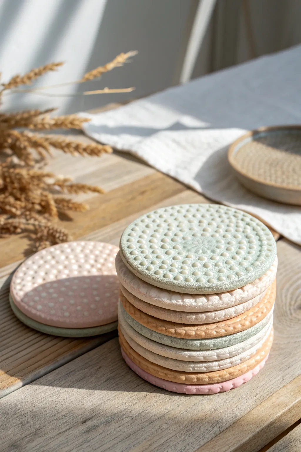 Bubbly clay coasters in muted blush and sand, minimal boho texture with bright, cozy contrast.