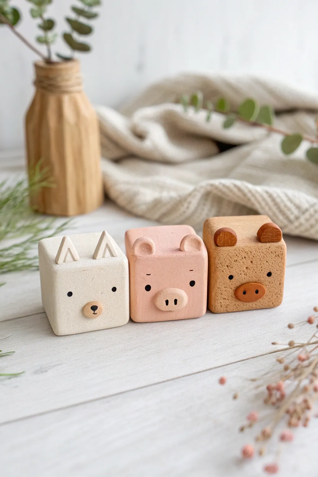 Adorable cube-shaped clay animals in soft neutrals, styled minimal and boho for Pinterest-perfect charm.