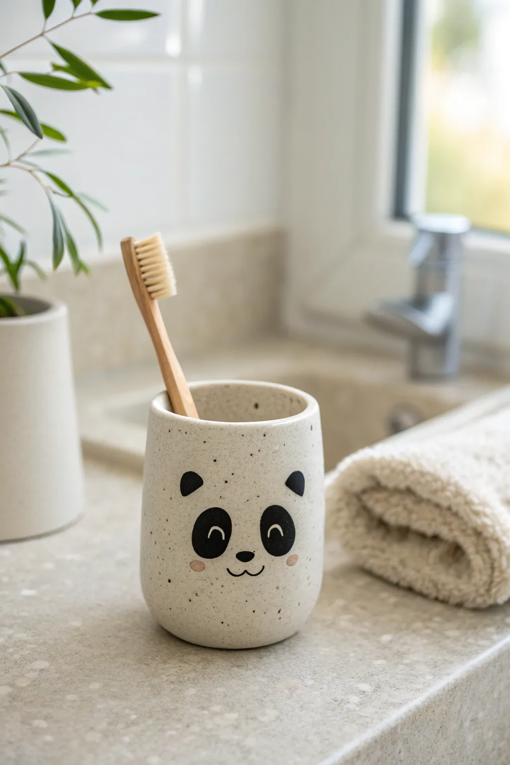 Minimal panda toothbrush holder in matte clay, a cute and easy idea for a calm, tidy bathroom
