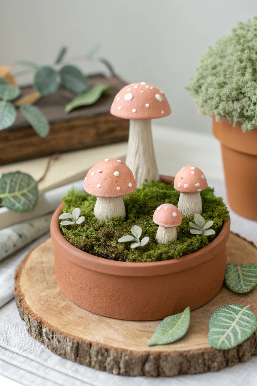 Tiny enchanted forest floor diorama with cute clay mushrooms and mossy ground, minimalist boho vibe.