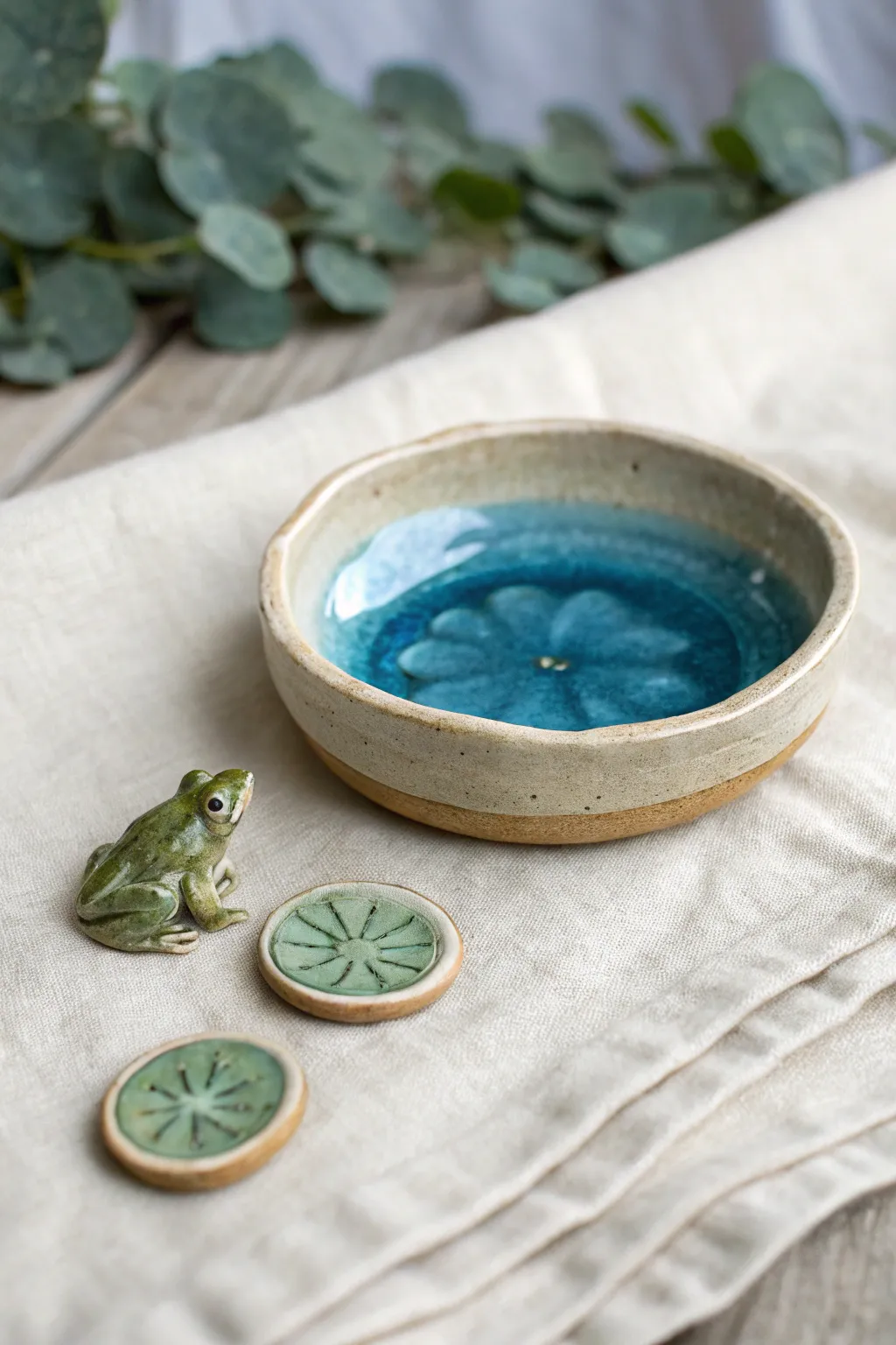 Mini pond jewelry dish with glossy blue glaze, lily pads, and a tiny frog for rings.