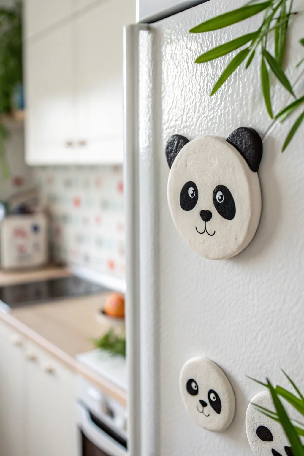 Adorable panda face clay magnets on a bright fridge, simple shapes with a cozy handmade feel