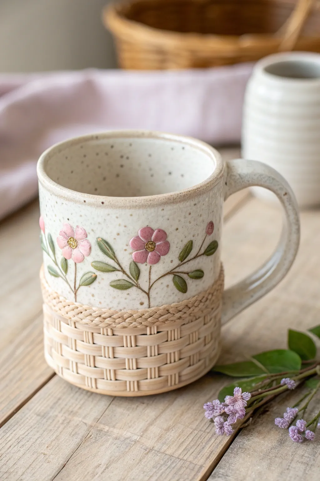 Cottage basket mug with raised weave and pastel blossoms, cozy minimal boho charm to try.