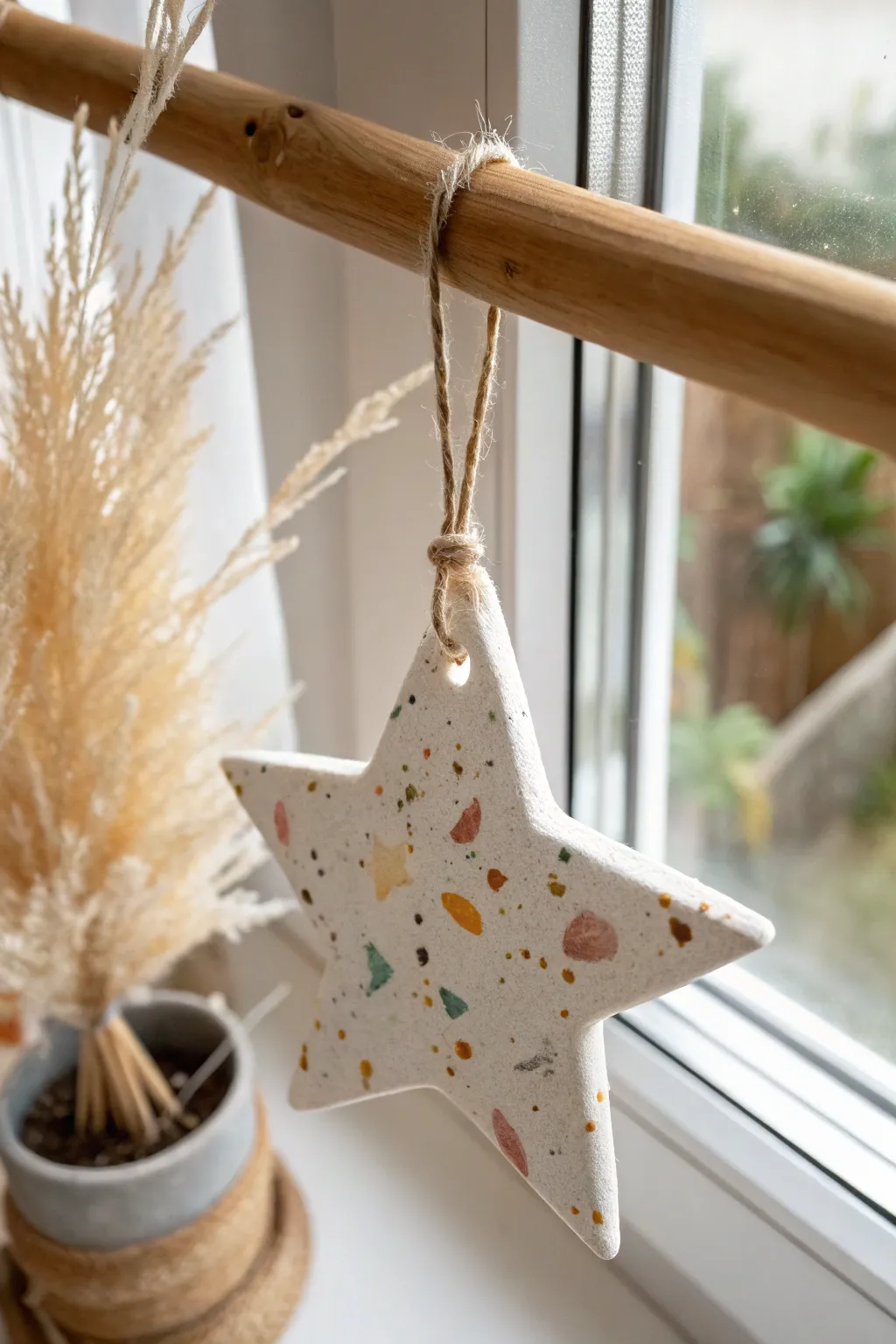 Terrazzo confetti clay star ornament in matte finish, Scandinavian minimal holiday decor.