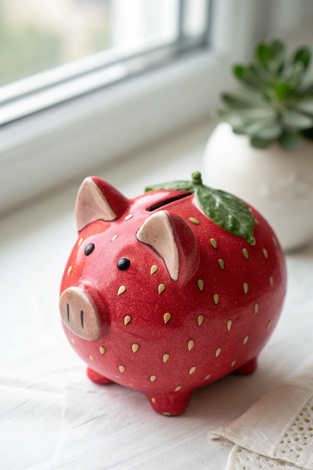 Strawberry piggy bank with seed speckles and leafy top, a sweet minimalist clay decor idea.