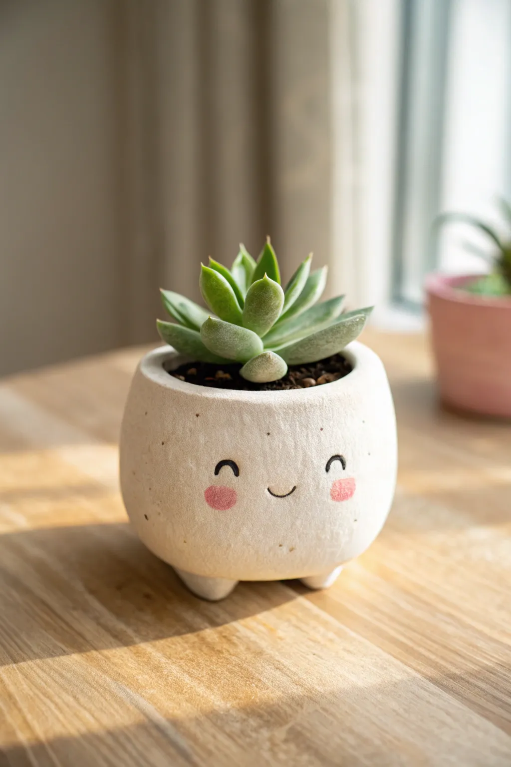 A sweet mini pinch pot buddy planter with blush cheeks and a tiny succulent for cozy decor.