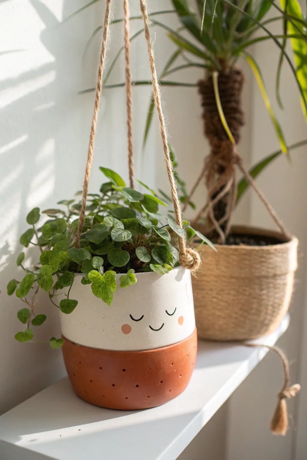 Adorable hanging pocket pot with a tiny face and trailing greenery for cozy boho corners.