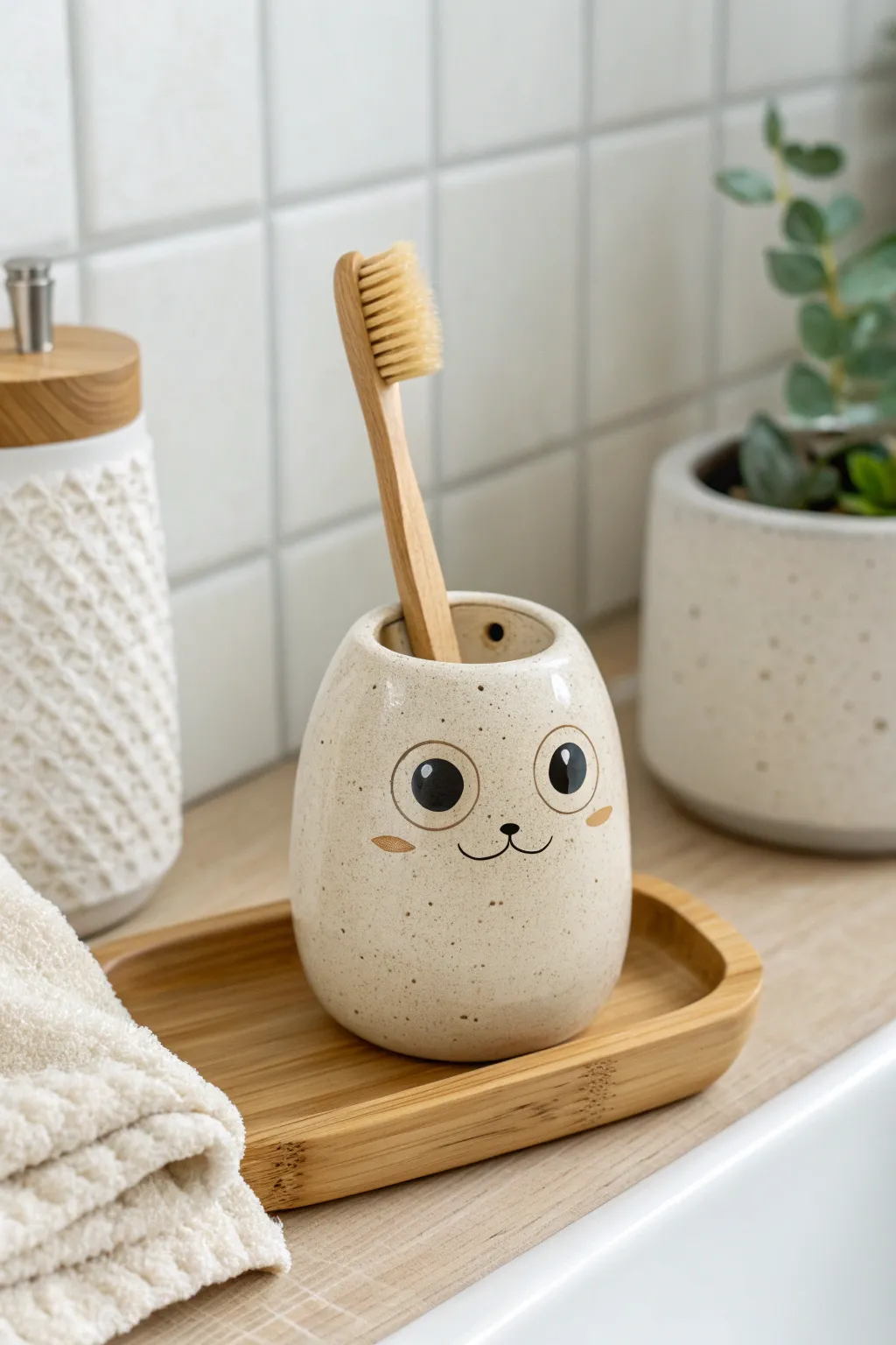 Chubby clay critter toothbrush holder, minimalist boho bathroom buddy with a playful smile.