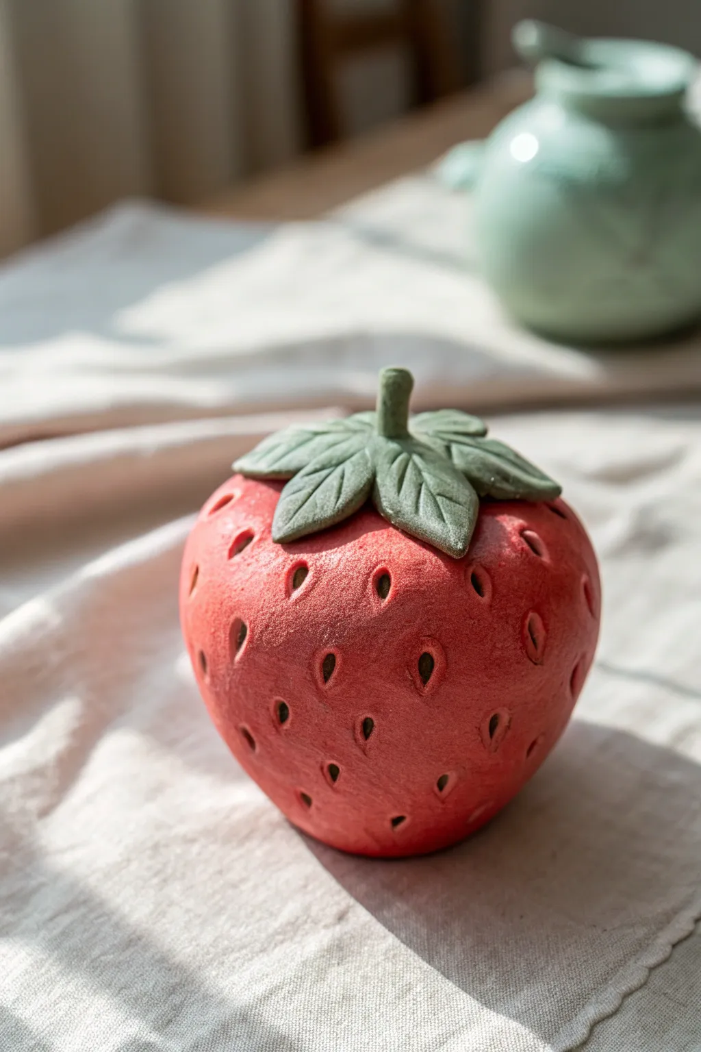 A minimalist strawberry clay rattle: smooth pinch pot shape, seed dimples, and a sage green leaf cap.