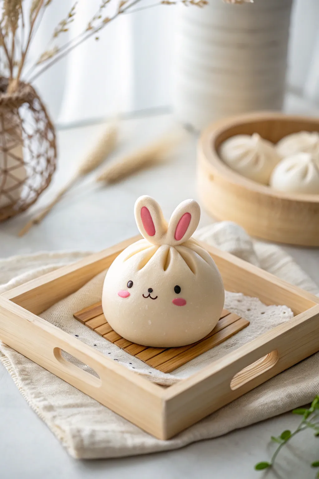 Dumpling bunny clay charm with blush cheeks, minimalist and boho sweet for easy sculpting.