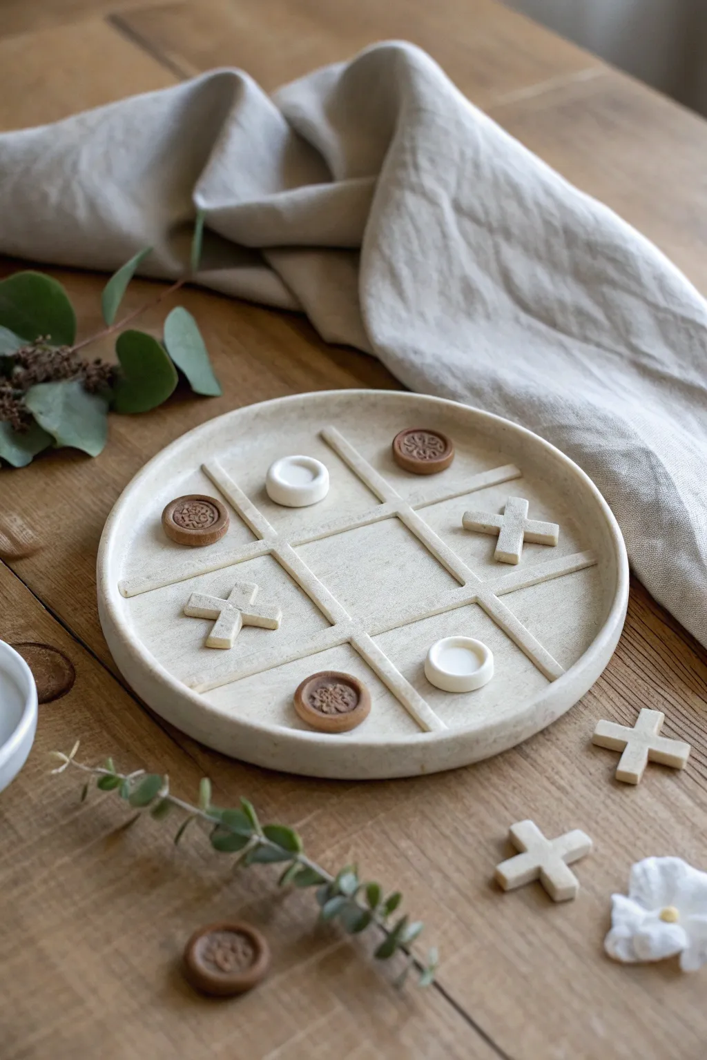 Tea time clay tic tac toe: tiny teabags vs sugar cubes on a minimalist saucer board